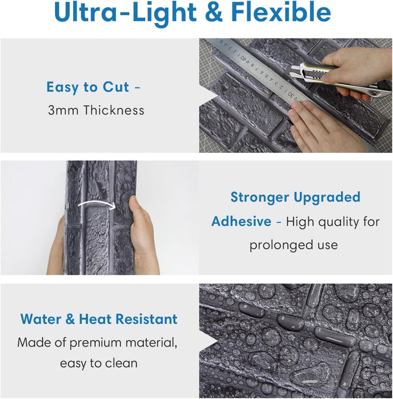 COMSTICKC 3D Dark Gray Brick Wall Panels, Peel and Stick Brick Tiles,10 Pcs of 12"X12",Small Size Thin PVC Fake 3D Brick Wallpaper Self Adhesive Wall Covering Interior Decor - Image 5